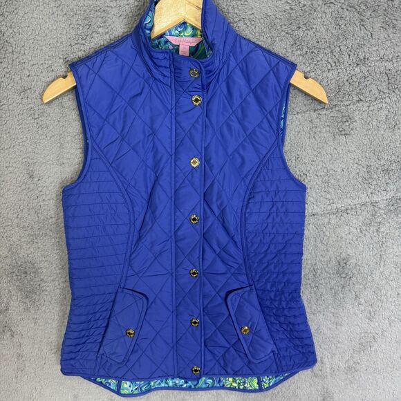Lilly Pulitzer Vest Womens XS Blue Quilted Puffer Colorful Printed Inside Lining - Picture 1 of 8